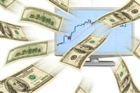 Cash dollars fly out of a computer monitor with the exchange schedule.