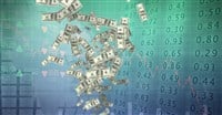 Composition of american dollar bills falling over financial data processing on green background. global business, finances and data processing concept digitally generated image. - stock image
