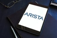 KYIV, UKRAINE - June 30, 2021. Arista Networks company logo on the tablet. Editorial. - Stock Editorial Photography