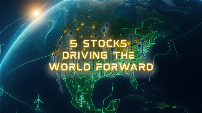 5 Stocks Driving the World Forward text over technology themed globe - This image is an original composition by MarketBeat using licensed and editorial elements. Not for redistribution or reuse.