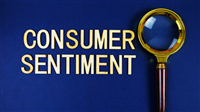 Consumer Sentiment alphabet letters with magnifying glass on navy blue background